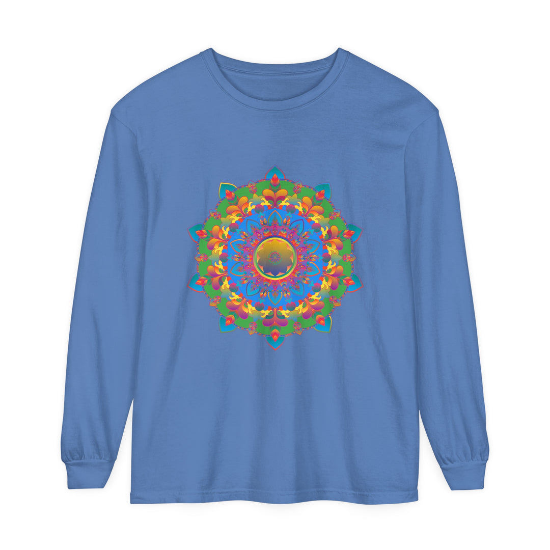 A close-up image of a vibrant Intricate Mandala long sleeve t-shirt with detailed, ornate design in various colors