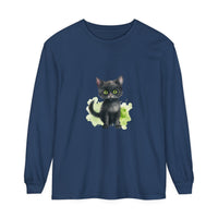 Long sleeve black cat watercolor t-shirt with vibrant, artistic design