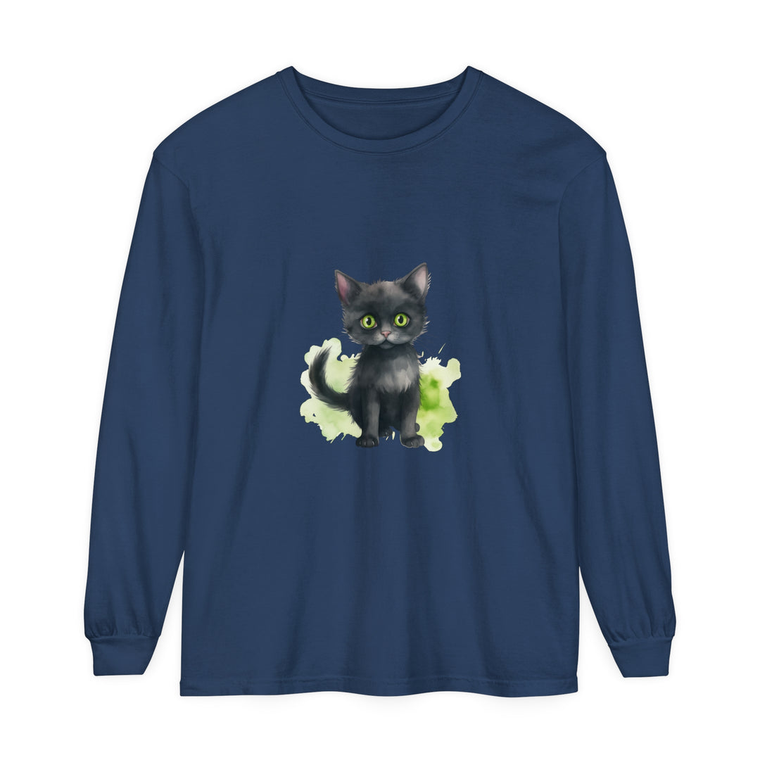 Long sleeve black cat watercolor t-shirt with vibrant, artistic design