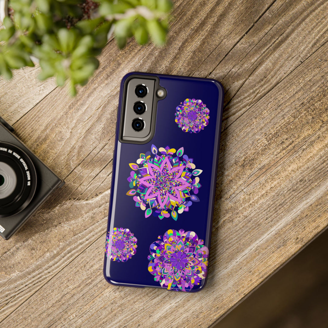 A beautiful and intricate hand-drawn mandala art phone case in shades of purple, designed to be durable and shock absorbent for your device