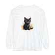 Black t-shirt featuring a watercolor splash design of a playful kitten