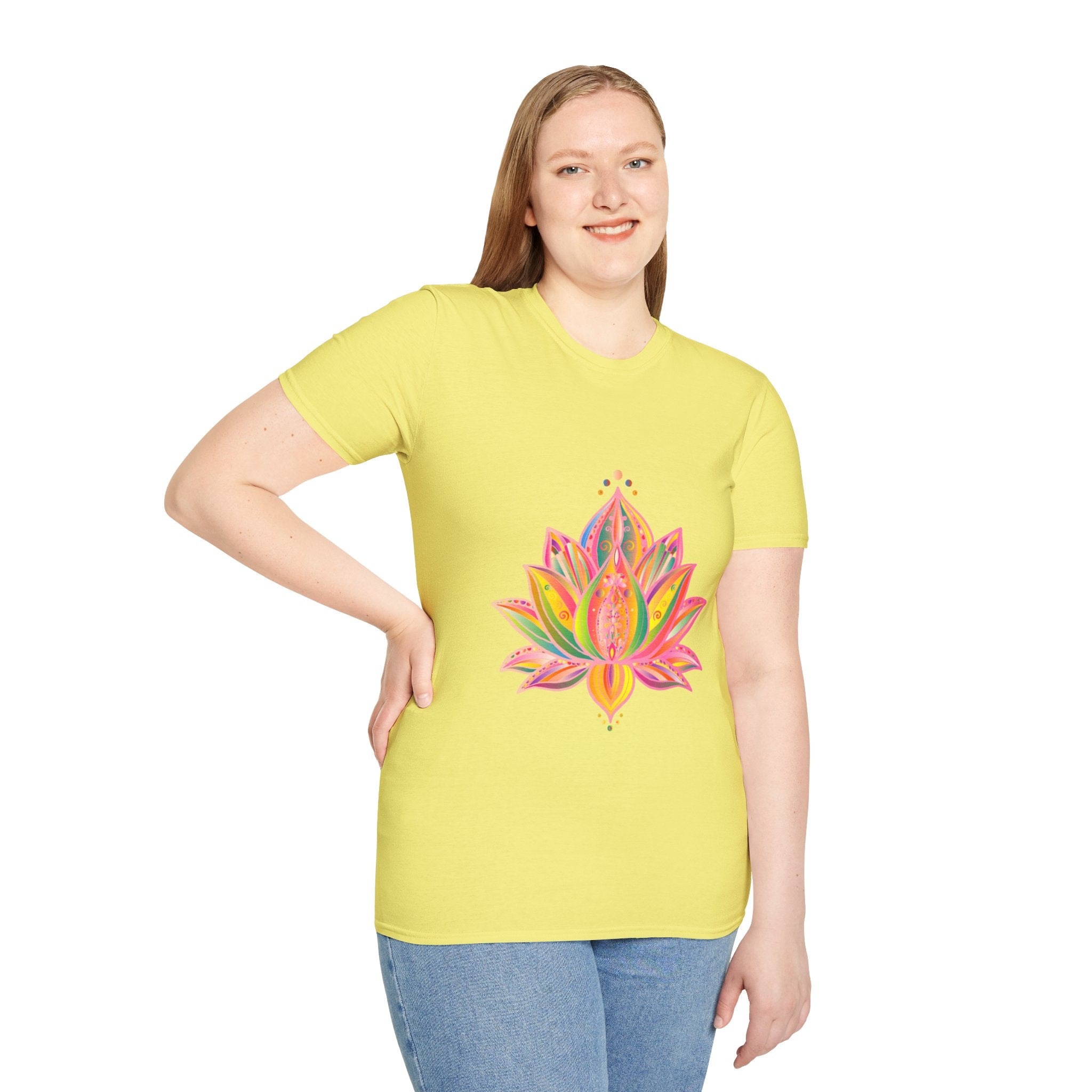 Lotus Mandala Unisex T-Shirt featuring a hand-drawn, unique design by Blululi