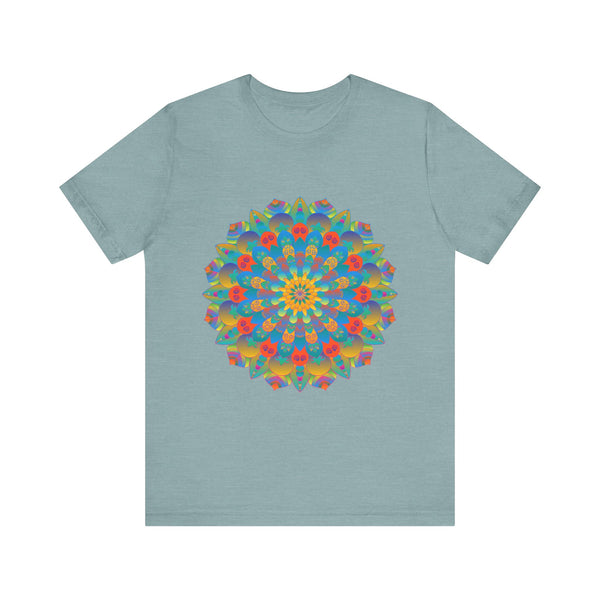 A close-up image of a vibrant mandala tee with an intricate and colorful design, perfect for adding a pop of color to any wardrobe