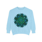 Teal and blue mandala sweatshirt with intricate design, perfect for a unique and stylish look