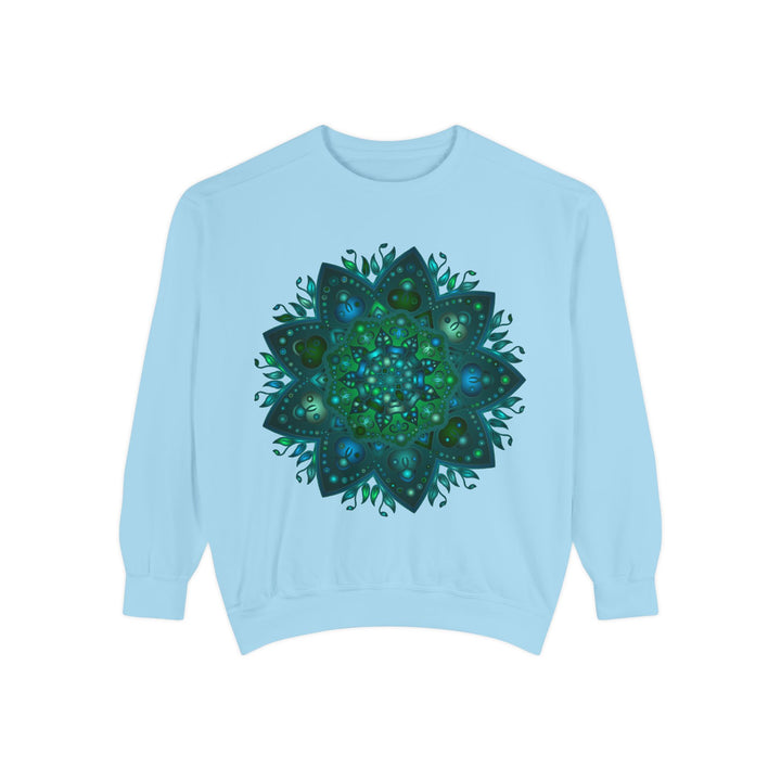 Teal and blue mandala sweatshirt with intricate design, perfect for a unique and stylish look