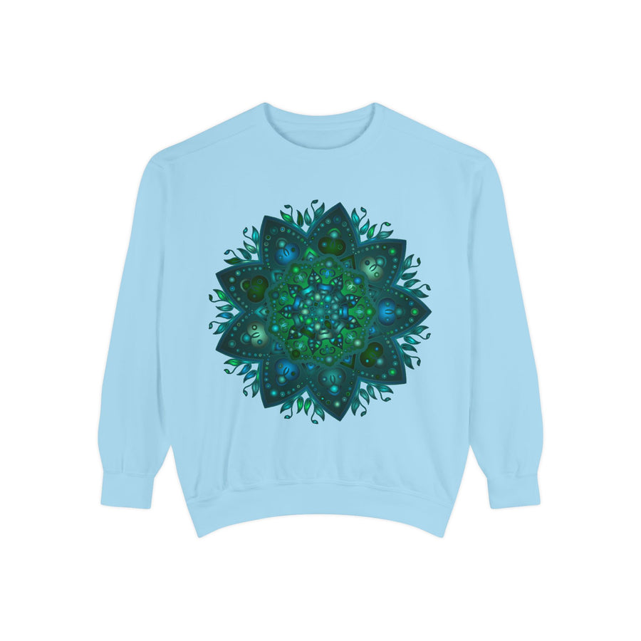 Teal and blue mandala sweatshirt with intricate design, perfect for a unique and stylish look