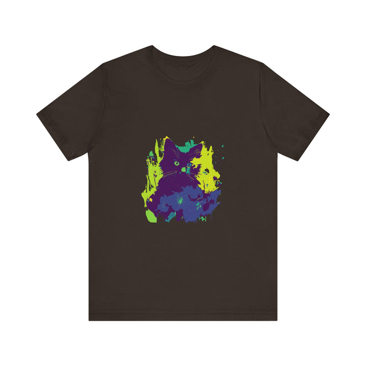 Black Cat Mystery - Abstract T-Shirt featuring a bold black cat design on a vibrant, abstract background, perfect for adding a touch of intrigue to your wardrobe