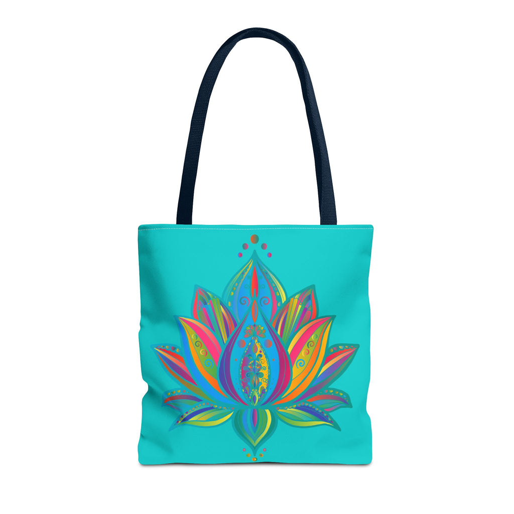 Beautiful azure Mandala Lotus Tote Bag with intricate design and spacious interior