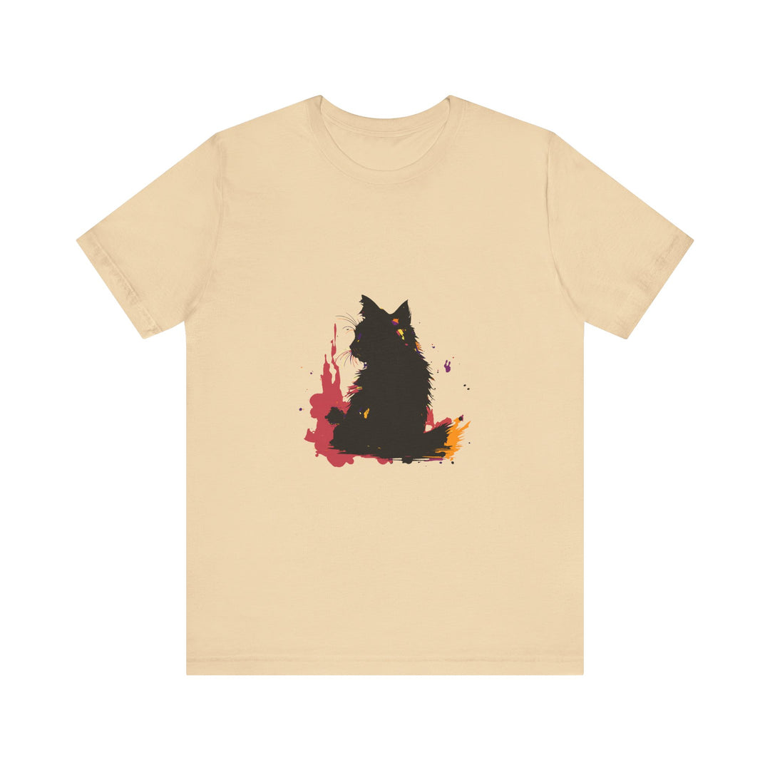 A close-up view of a black cat mystery t-shirt with colorful splatter art design, perfect for adding a touch of intrigue and style to your wardrobe