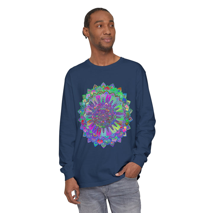 Colorful and intricate mandala design long sleeve t-shirt, perfect for vibrant and stylish casual wear