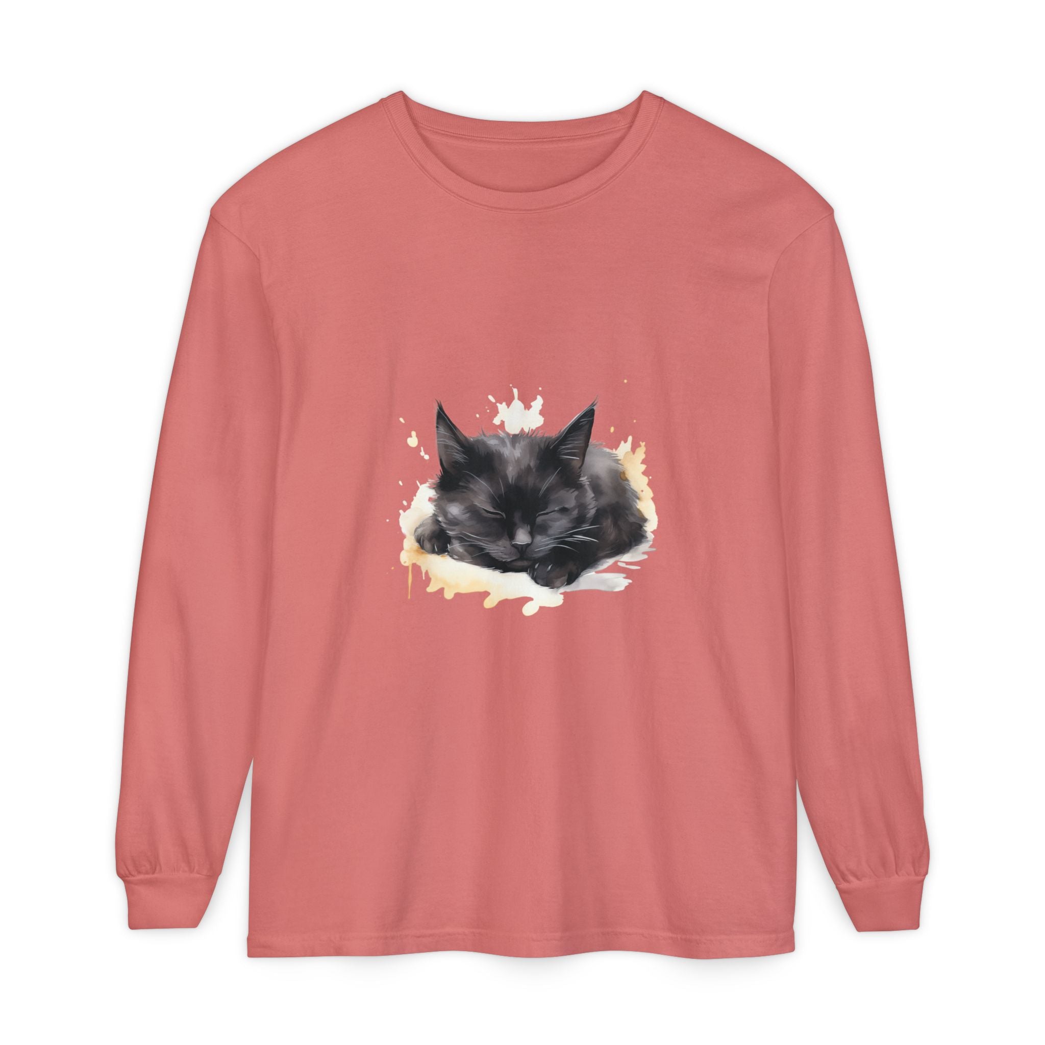 Sleepy Cat Watercolor Long Sleeve T-Shirt