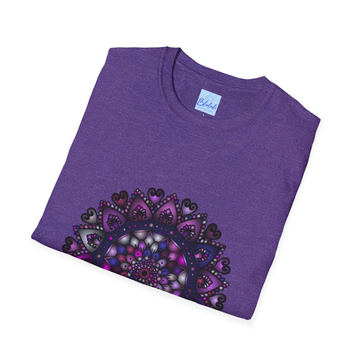 Stunning purple mandala art unisex softstyle t-shirt with intricate hand-drawn design