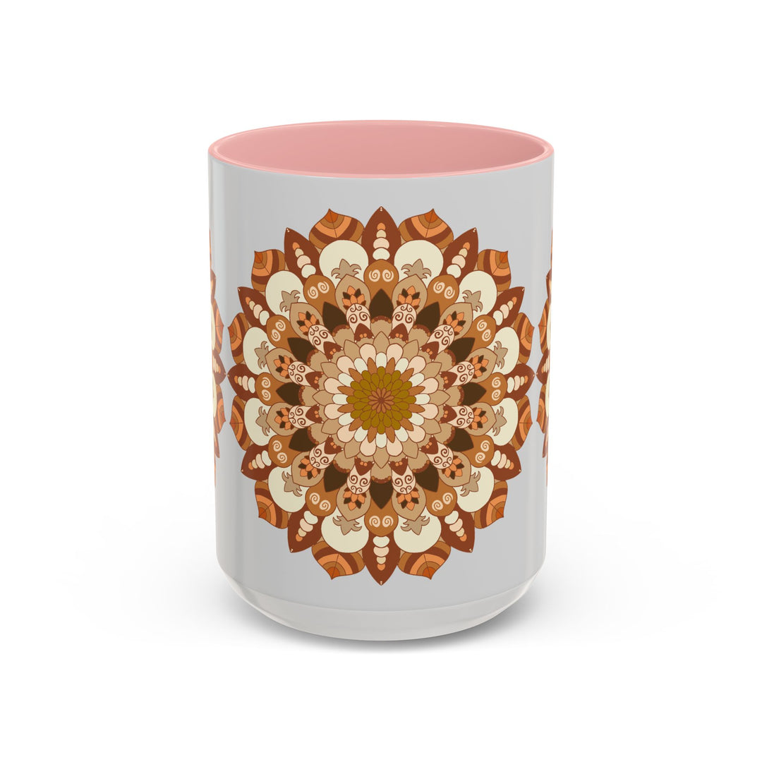 Mandala Art Mug with intricate grey design against light grey background