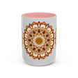 Mandala Art Mug with intricate grey design against light grey background