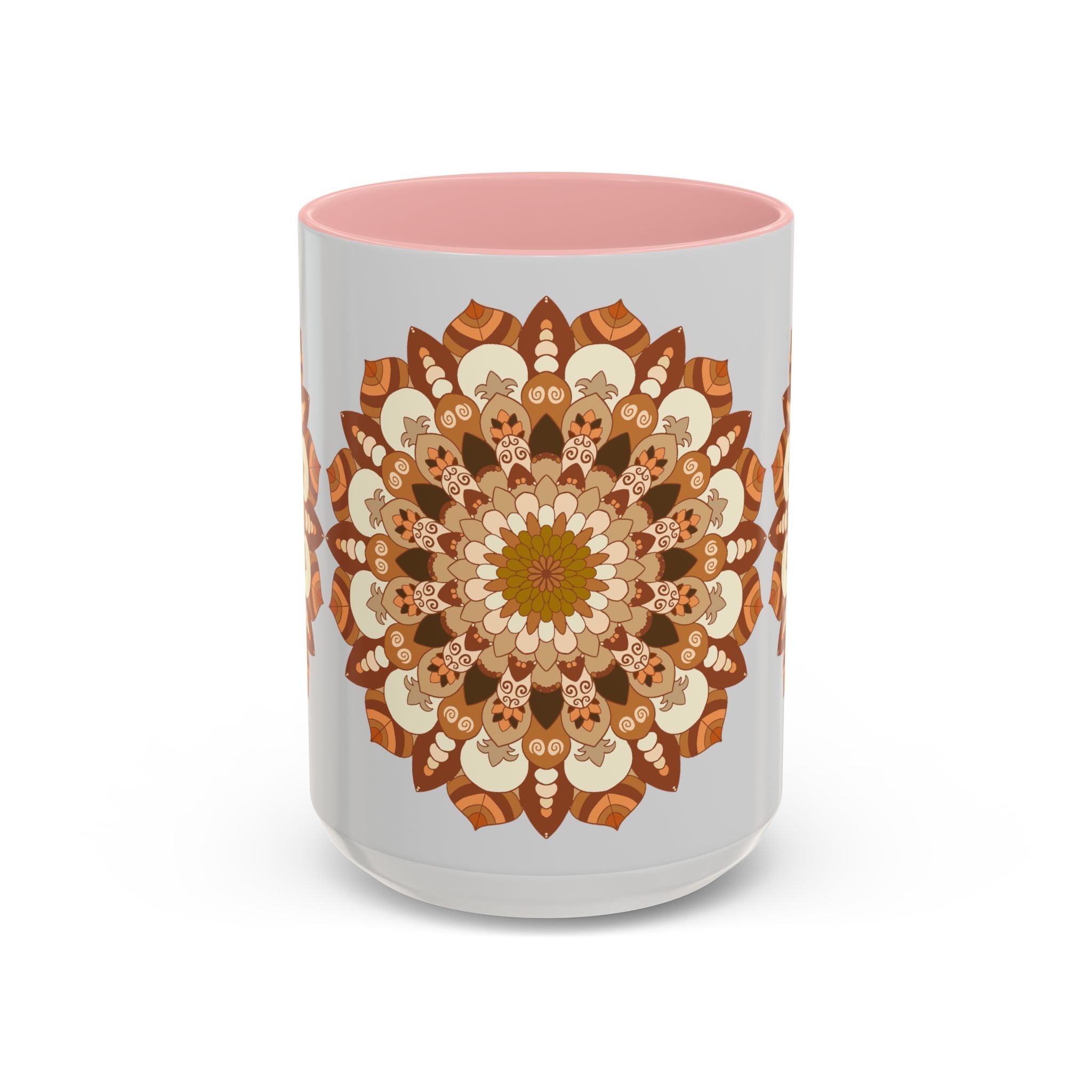 Mandala Art Mug with intricate grey design against light grey background