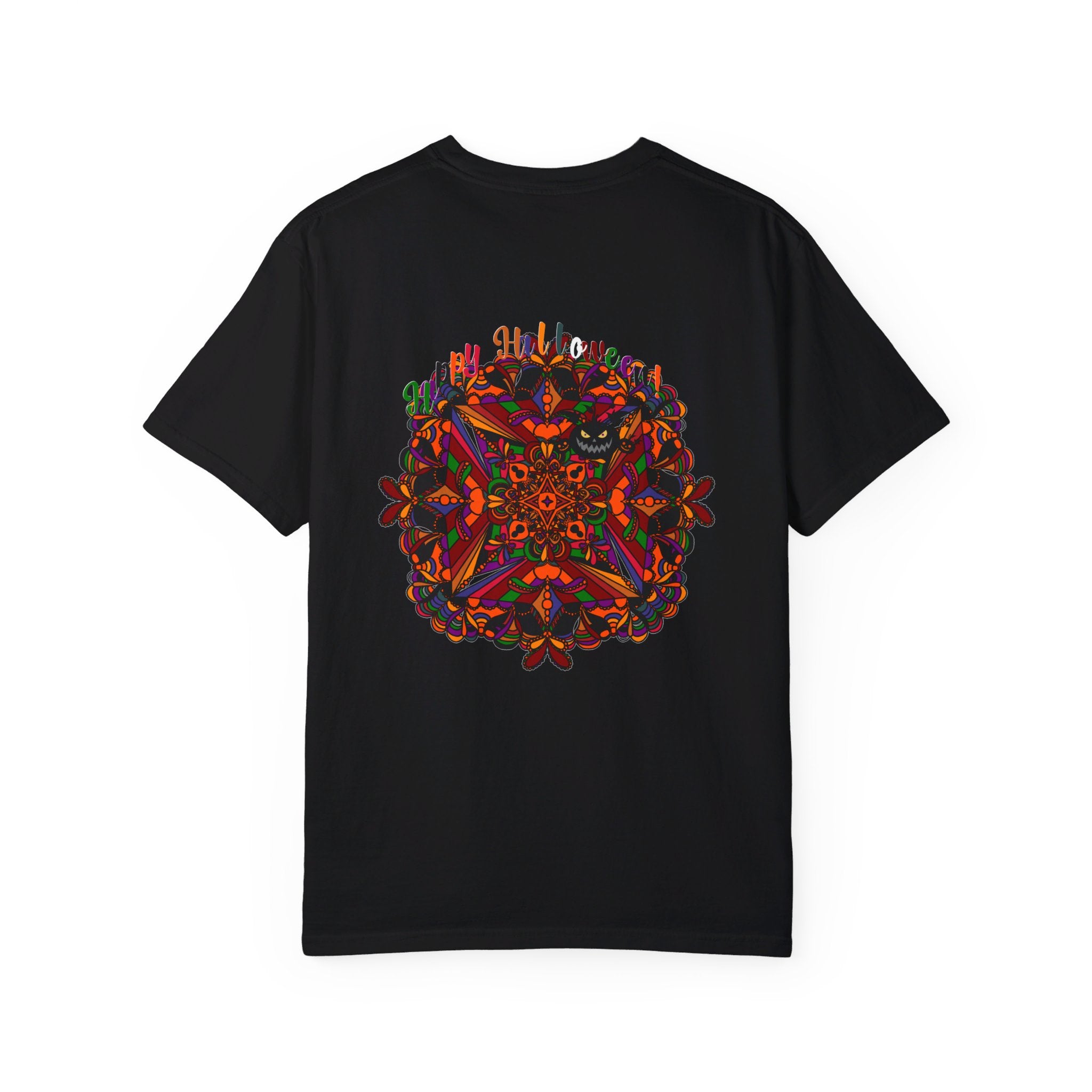 Handmade unisex Halloween Mandala T-shirt featuring intricate pumpkin mandala art on a garment-dyed tee