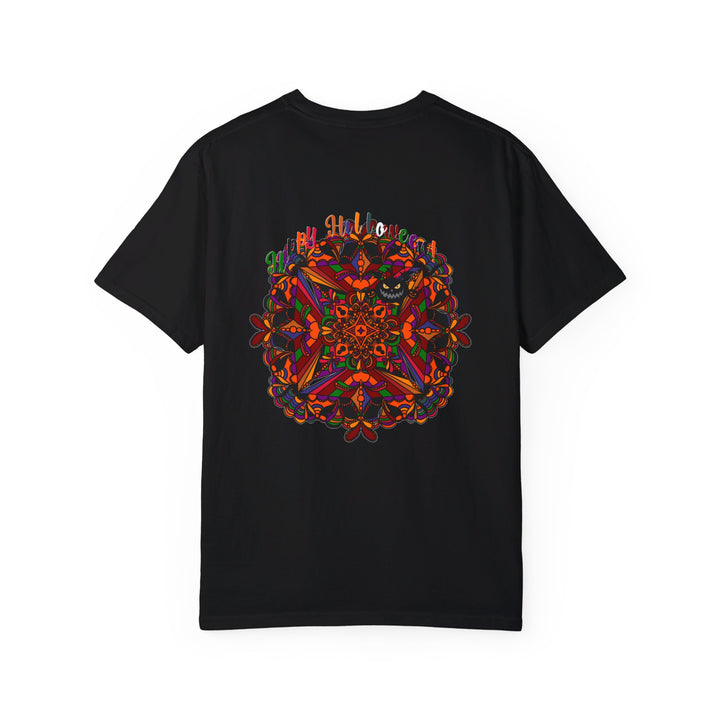 Handmade unisex Halloween Mandala T-shirt featuring intricate pumpkin mandala art on a garment-dyed tee