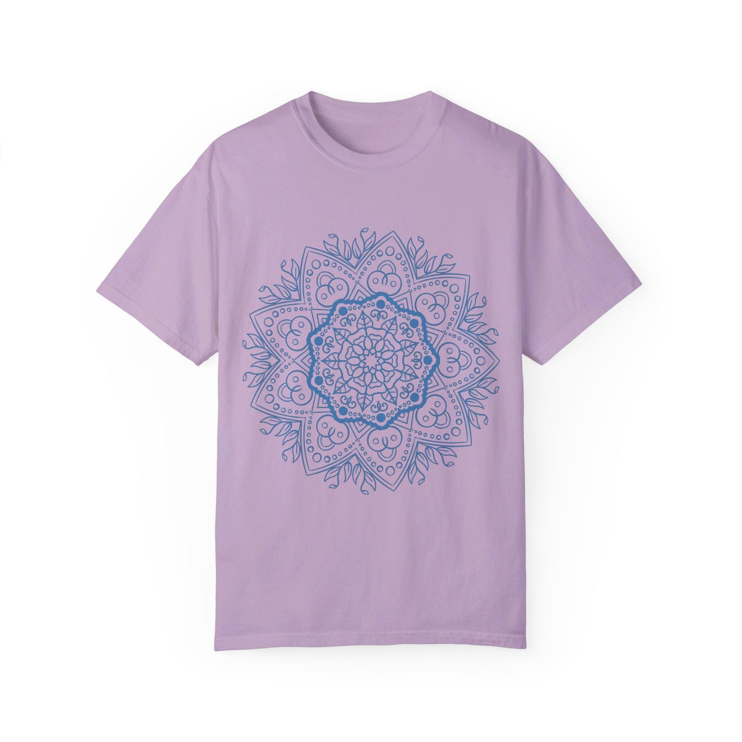 Handmade unisex Mandala Tshirt with a unique and colorful mandala art design, created by hand and garment-dyed for a vibrant and stylish look