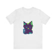 Neon Black Cat Mystery T-Shirt with glowing neon colors and mysterious black cat design