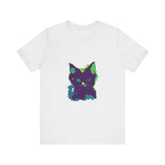 Neon Black Cat Mystery T-Shirt with glowing neon colors and mysterious black cat design