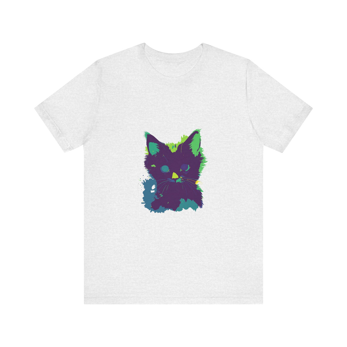 Neon Black Cat Mystery T-Shirt with glowing neon colors and mysterious black cat design