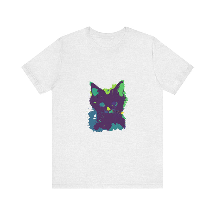 Neon Black Cat Mystery T-Shirt with glowing neon colors and mysterious black cat design