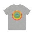 A colorful and intricate mandala design depicting spiritual peace and harmony on a vibrant t-shirt