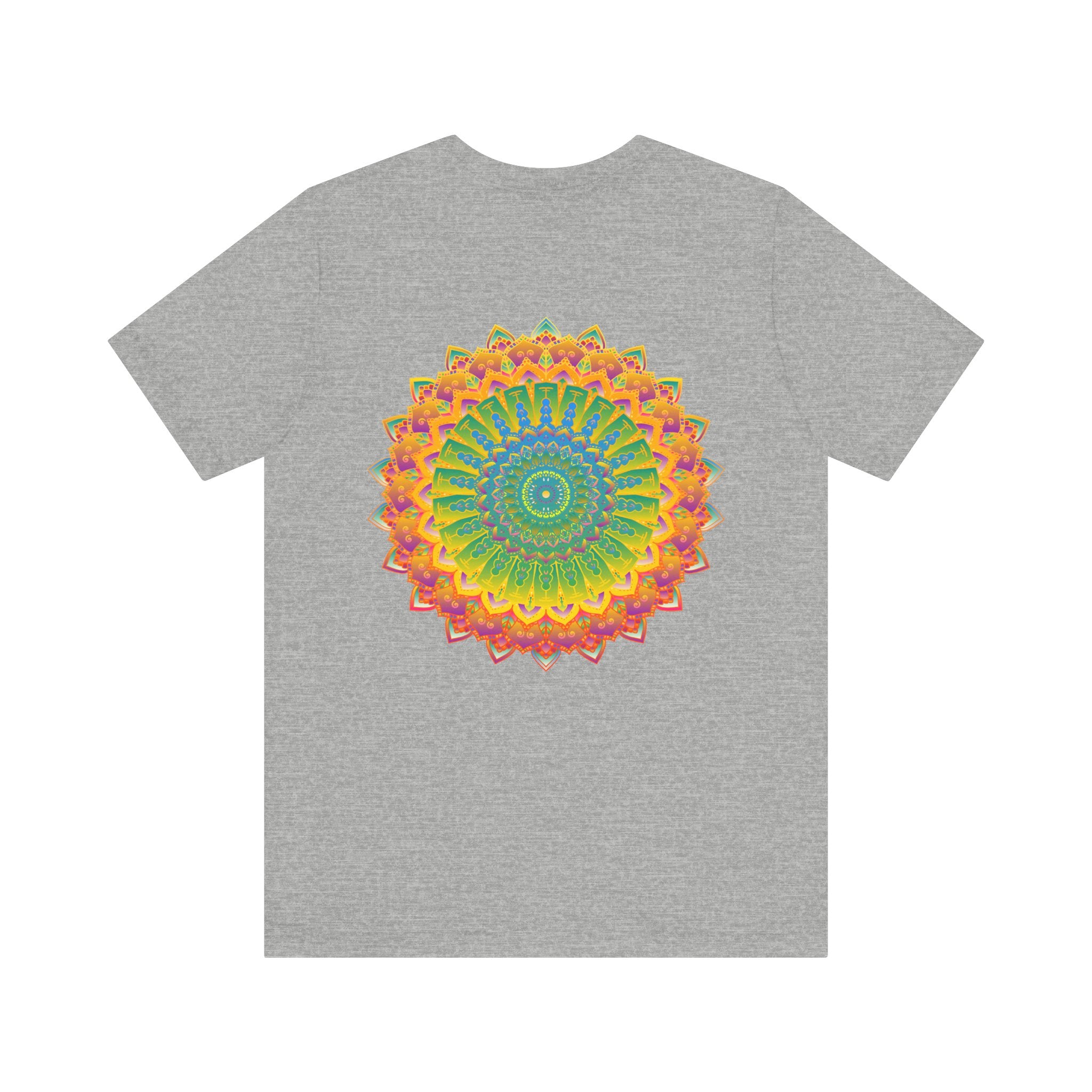 A colorful and intricate mandala design depicting spiritual peace and harmony on a vibrant t-shirt