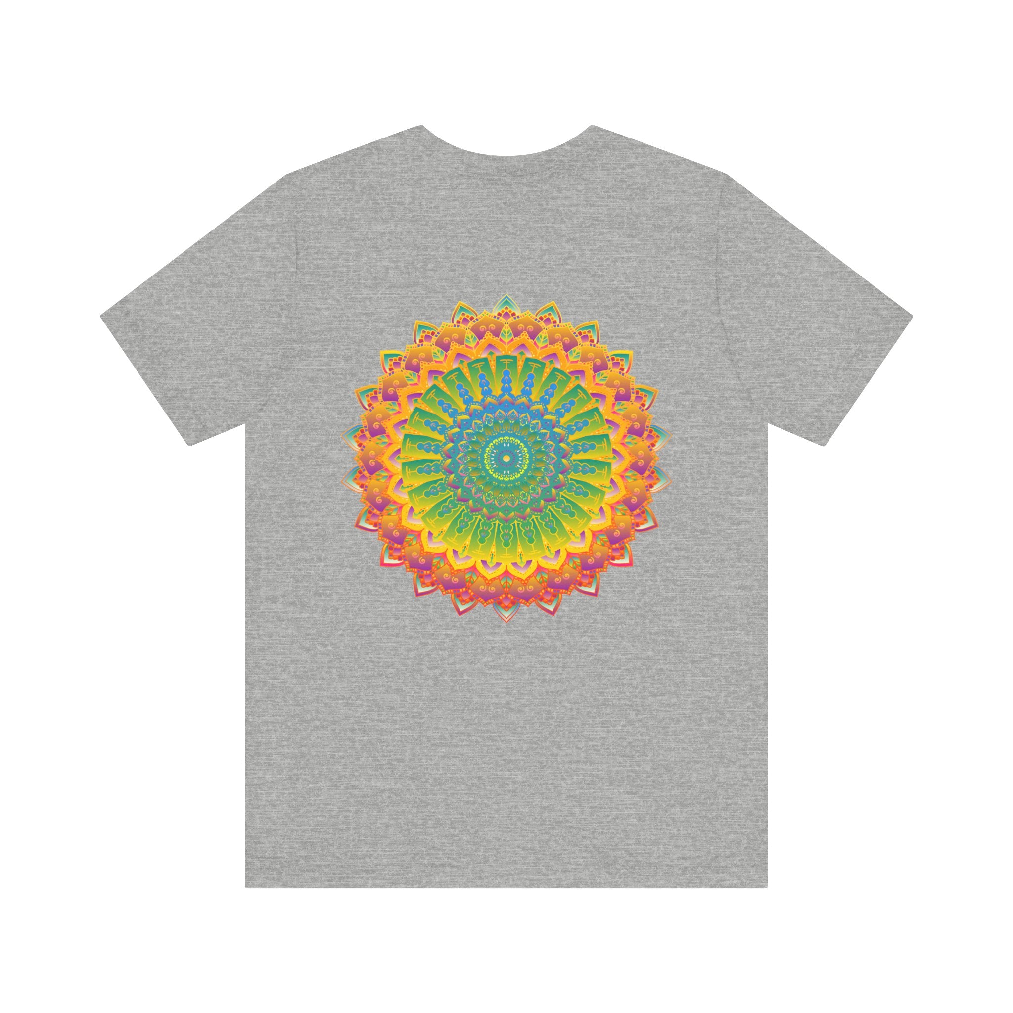 A colorful and intricate mandala design depicting spiritual peace and harmony on a vibrant t-shirt
