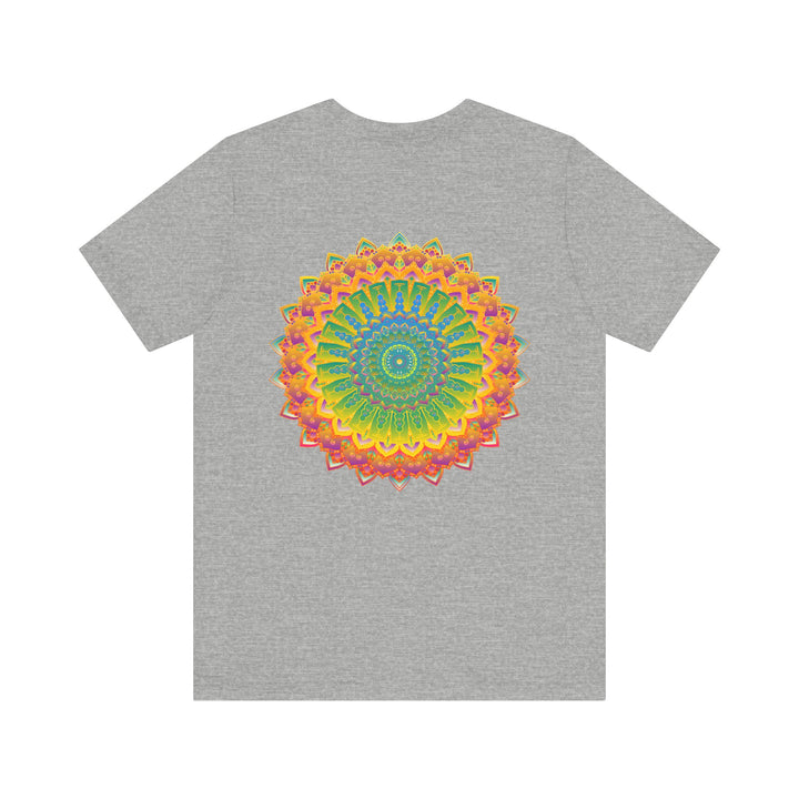 A colorful and intricate mandala design depicting spiritual peace and harmony on a vibrant t-shirt