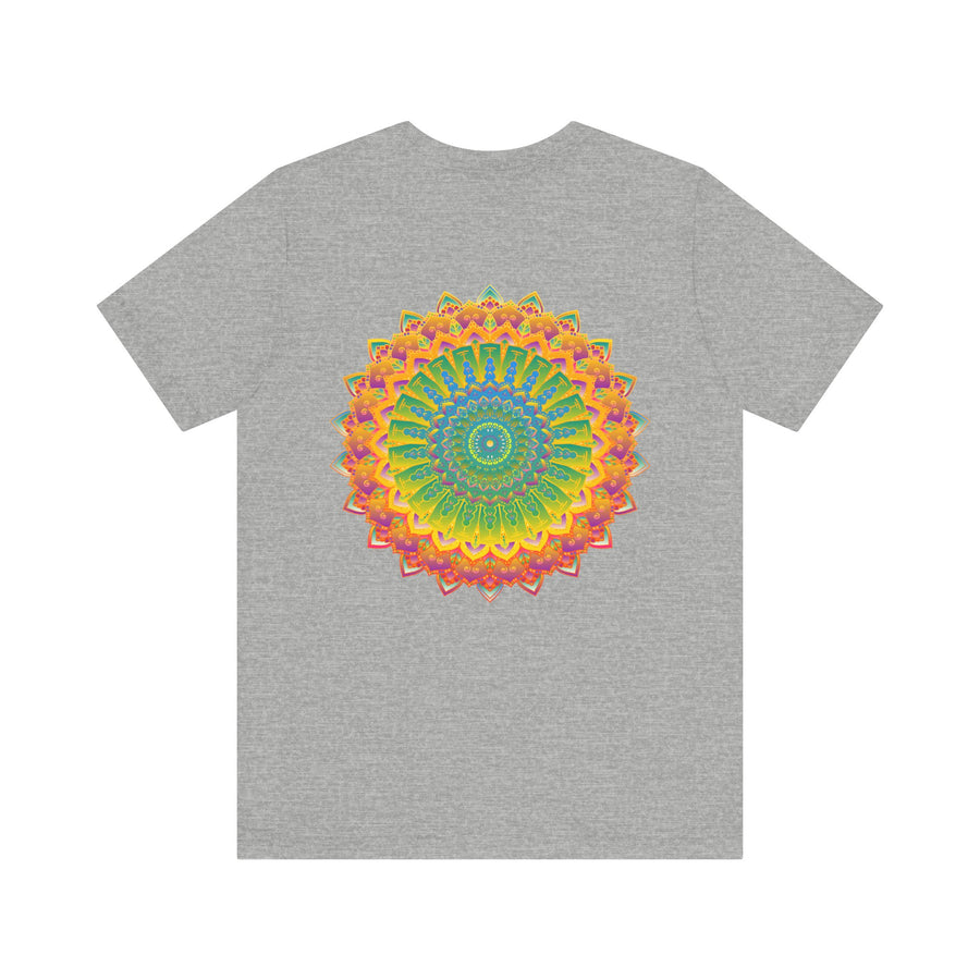 A colorful and intricate mandala design depicting spiritual peace and harmony on a vibrant t-shirt