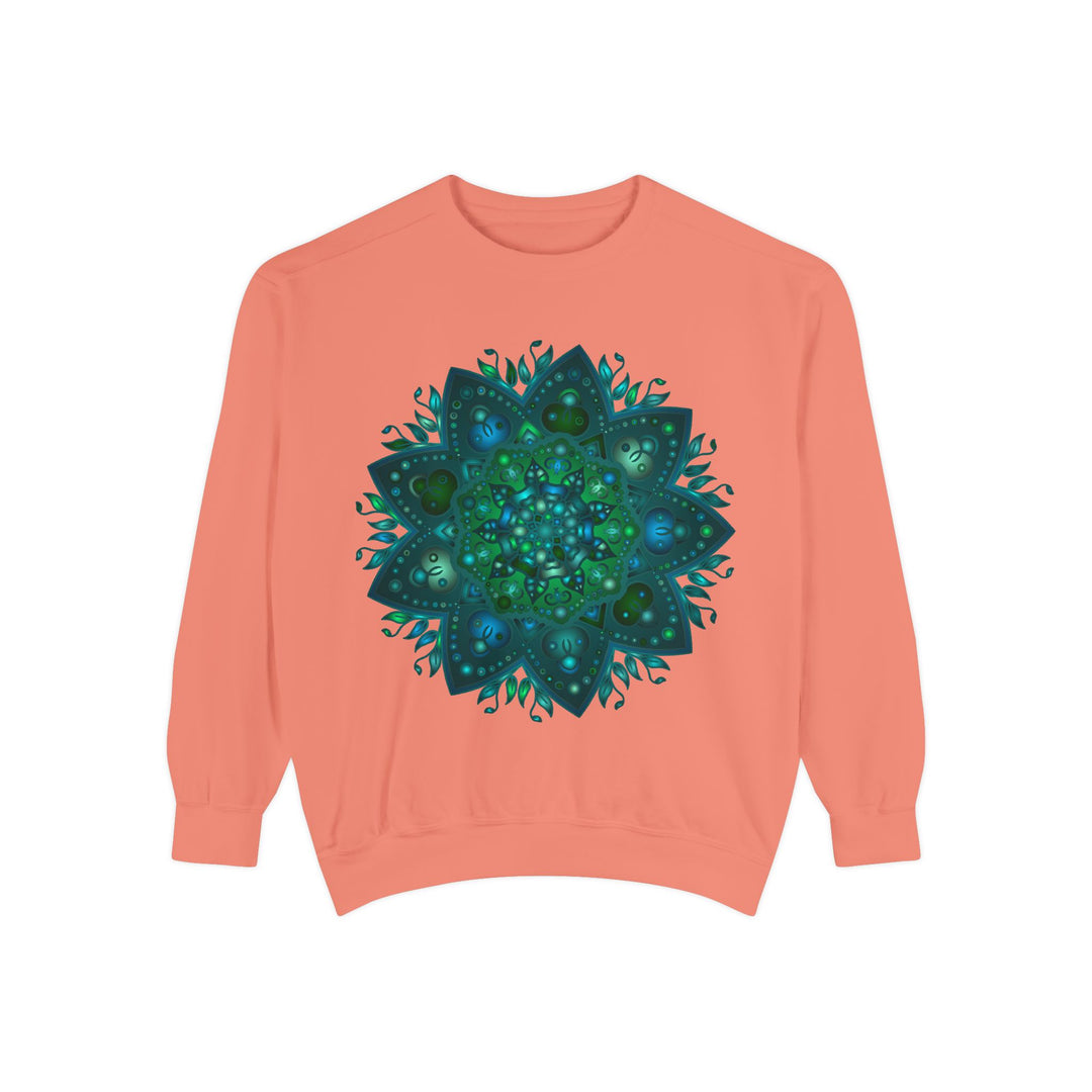 Teal and blue mandala sweatshirt with intricate design and detailed patterns