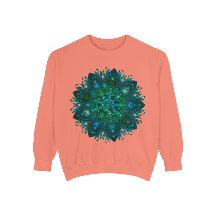 Teal and blue mandala sweatshirt with intricate design and detailed patterns