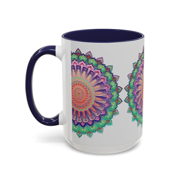 Beautiful mandala art mug featuring a colorful floral design on a white background