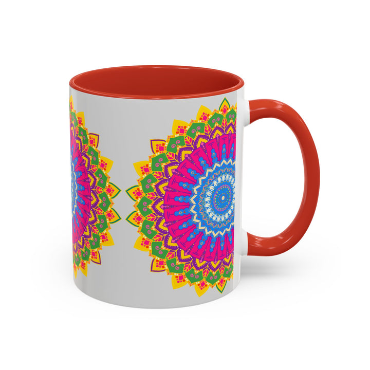 Colorful ceramic mug with a vibrant geometric mandala art design