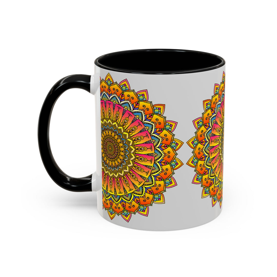 A vibrantly colorful ceramic mug featuring a mandala art design with intricate floral patterns in various shades, perfect for sipping your favorite hot beverage