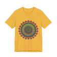 A close-up image of a vibrant and intricate mandala meditation tee with various colors and patterns, perfect for relaxation and mindfulness practices