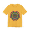 A close-up image of a vibrant and intricate mandala meditation tee with various colors and patterns, perfect for relaxation and mindfulness practices