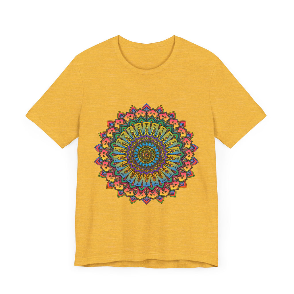 A close-up image of a vibrant and intricate mandala meditation tee with various colors and patterns, perfect for relaxation and mindfulness practices