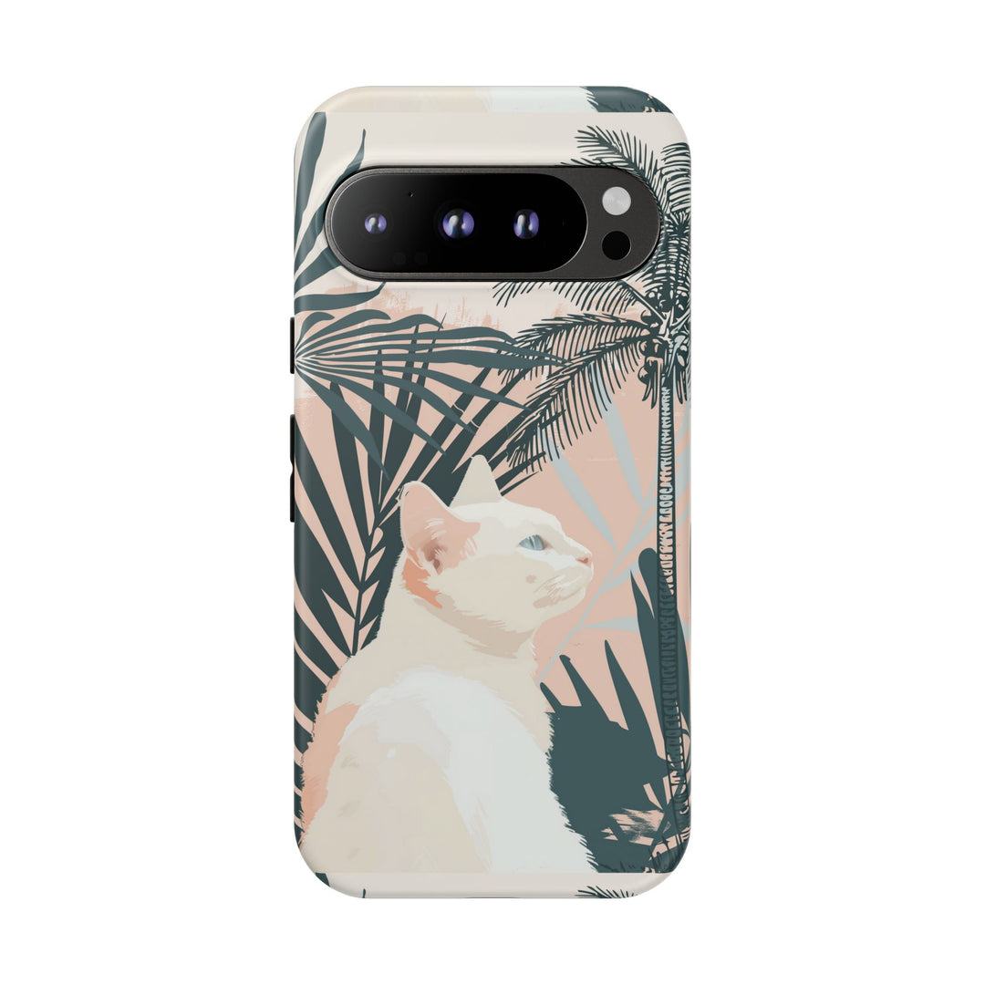 Tropische Katzen-Telefonhülle mit üppigen Palmenmotiven und sanften Pastelltönen