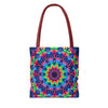 Colorful and intricate psychedelic mandala tote bag with intricate geometric patterns