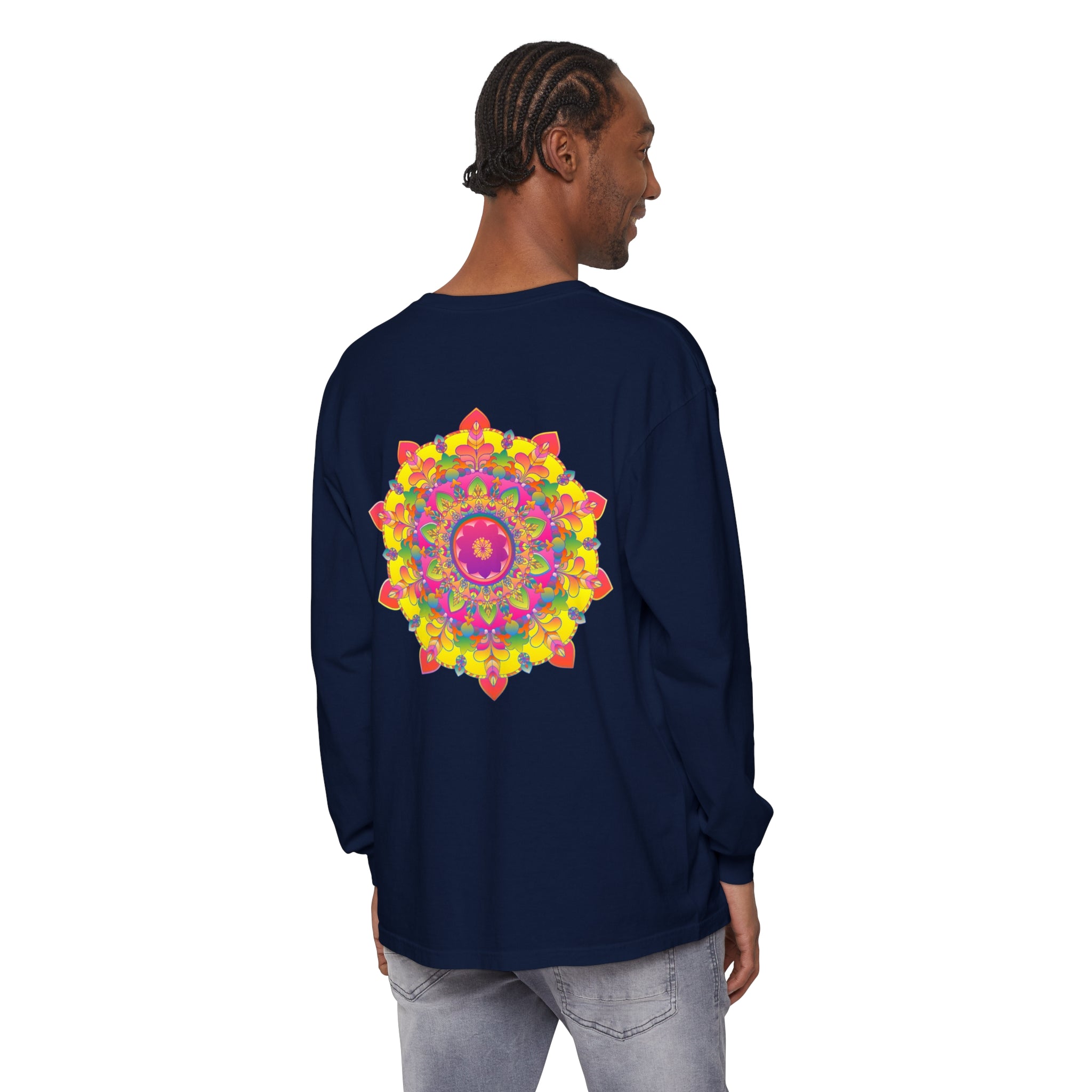 Colorful and intricate mandala design long sleeve t-shirt for a vibrant look