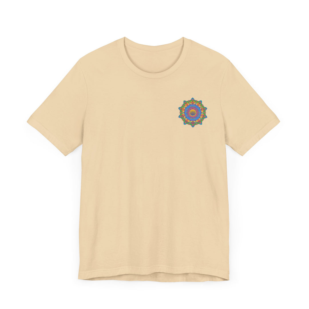 A beautiful and vibrant mandala tee with intricate spiritual design symbolizing peace and harmony