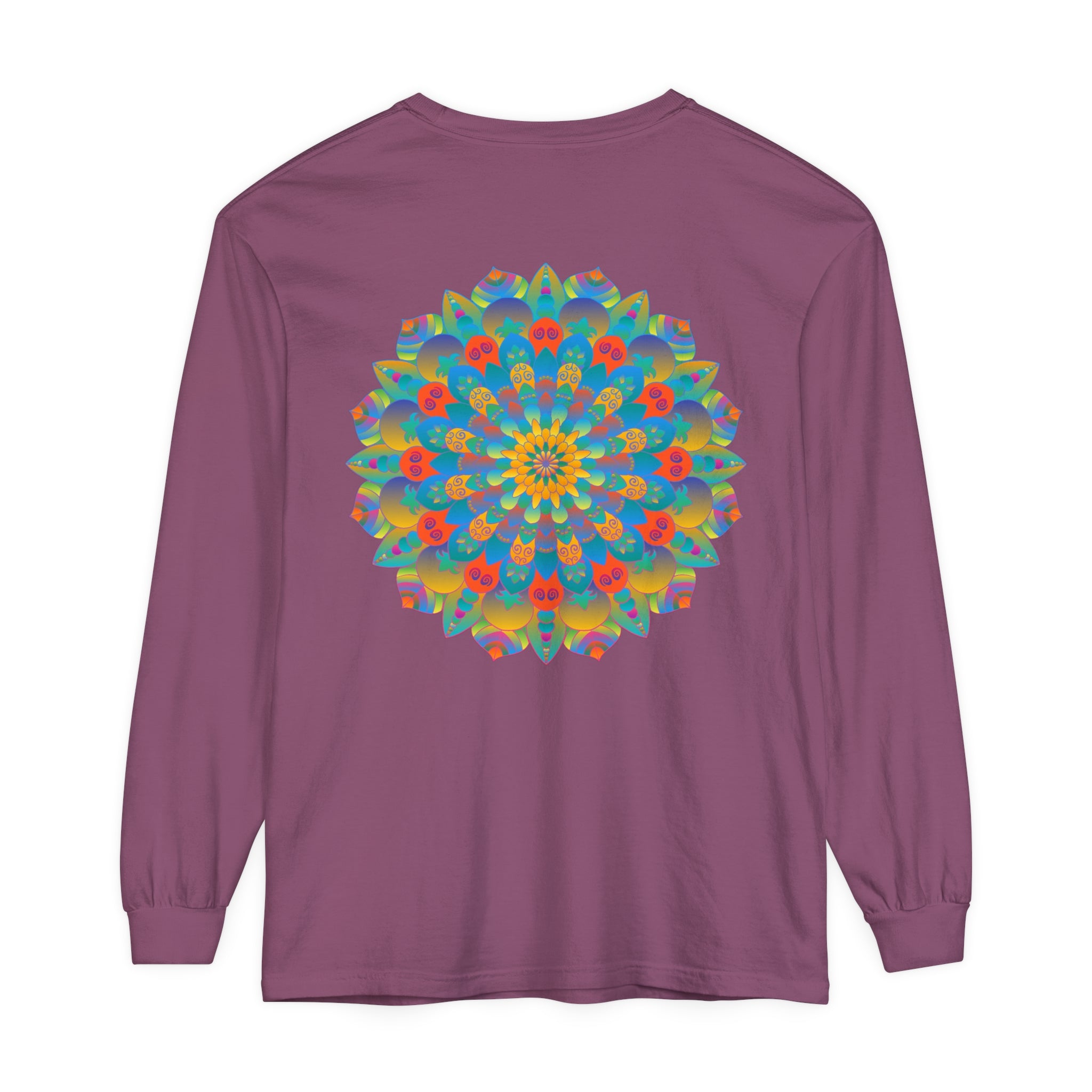 Colorful and intricately designed unisex long sleeve t-shirt with vibrant mandala pattern