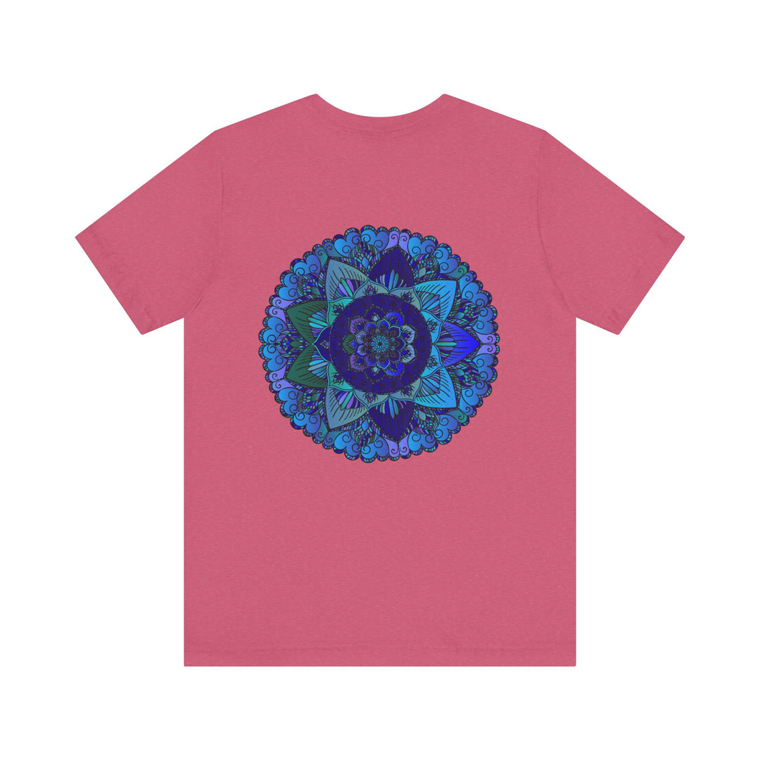 A vibrant blue mandala t-shirt featuring a spiritual design symbolizing peace and harmony