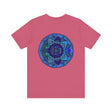 A vibrant blue mandala t-shirt featuring a spiritual design symbolizing peace and harmony