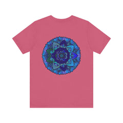 A vibrant blue mandala t-shirt featuring a spiritual design symbolizing peace and harmony