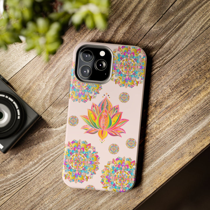 Beautiful light pink phone case featuring intricate lotus flower mandala design