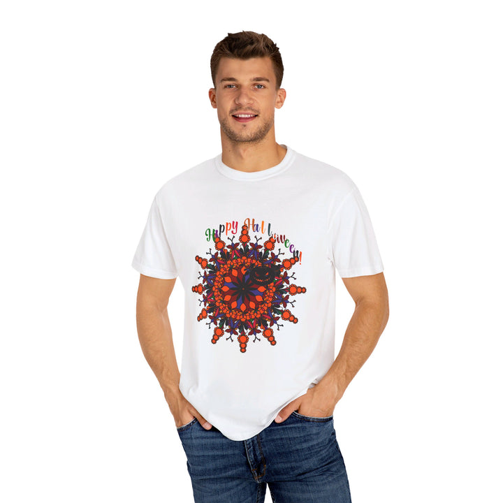 A colorful hand-drawn pumpkin mandala design on a unisex Halloween-themed T-shirt