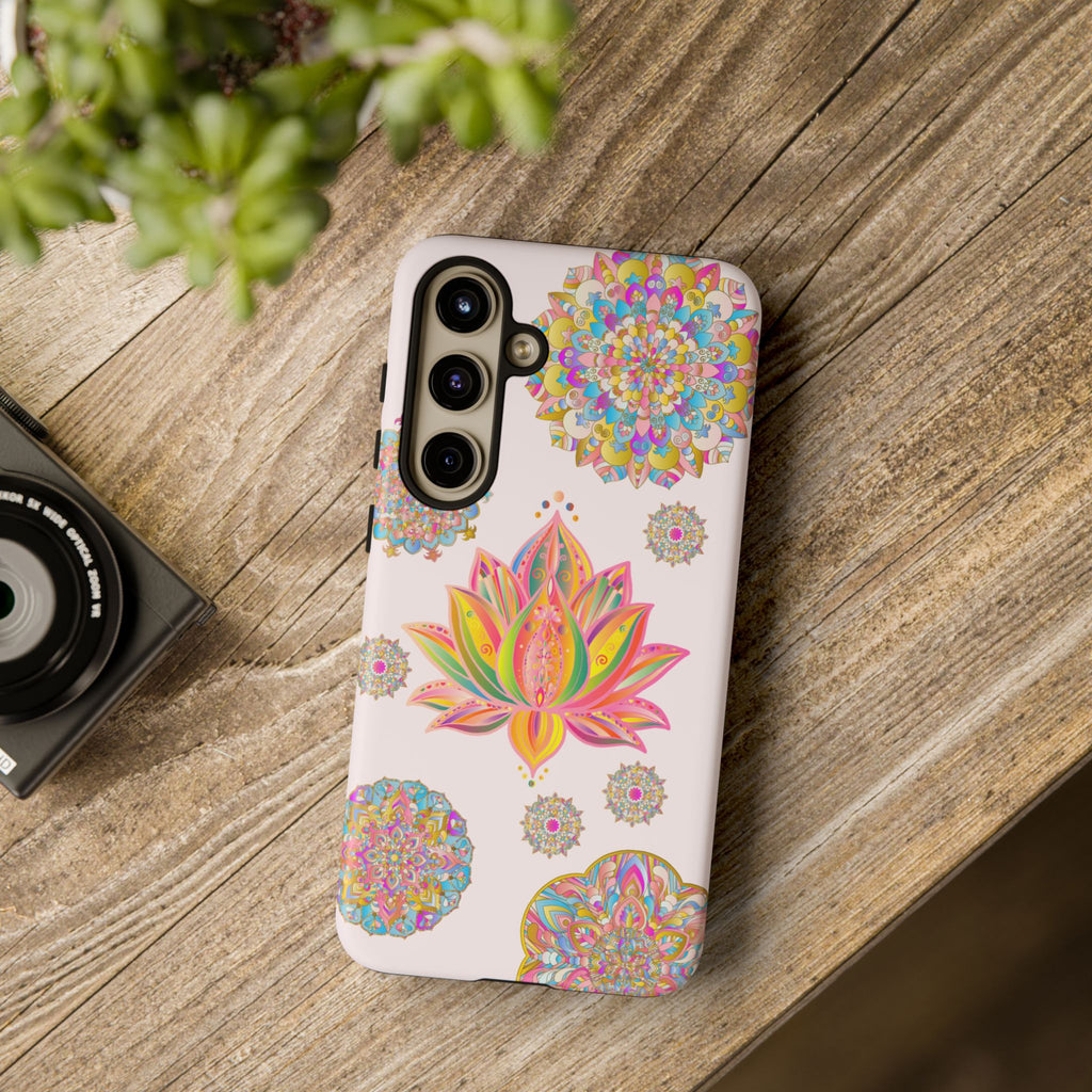 Beautiful light pink phone case with a mandala lotus flower design